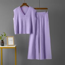 Fashion Light Purple V-neck Sleeveless Knitted Vest Top + High-waisted Wide-leg Pants Suit