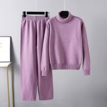 Fashion Purple Acrylic Knitted Turtleneck Sweater Wide Leg Pants Suit
