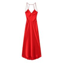Fashion Red Silk Satin Strap Knee Length Dress