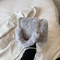 Fashion Grey Plush Pearl Chain Crossbody Bag
