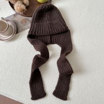 Fashion Coffee Color Polyester Knitted Scarf Integrated Beanie