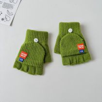 Fashion Green Polyester Knitted Half Finger Flip Childrens Gloves