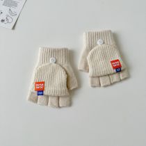 Fashion Milky White Polyester Knitted Half Finger Flip Childrens Gloves