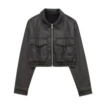 Fashion Black Leather Lapel Zipped Jacket