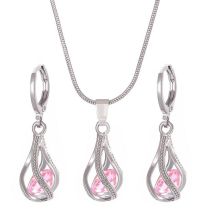 Fashion Pink Copper Inlaid Zirconium Rotating Drop Necklace Earrings Set