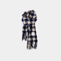 Fashion Navy Blue Houndstooth Blend Check Knit Fringed Scarf