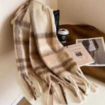 Fashion Beige Polyester Checked Knit Fringed Scarf