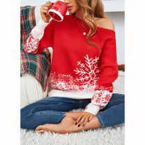 Fashion Red Acrylic Printed Knitted Crew Neck Sweater