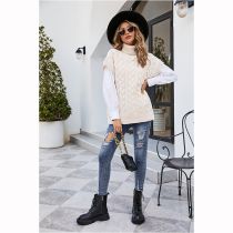 Fashion Apricot Sleeveless Cord Pullover Turtleneck Vest Sweater