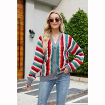 Fashion Grey Striped Knitted Single-breasted Cardigan Sweater