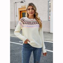 Fashion Apricot Jacquard Knit Crew Neck Pullover Sweater