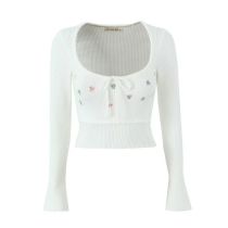 Fashion White Embroidered Floral Knitted Top