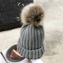 Fashion Light Gray Baby Style Acrylic Knitted Wool Ball Childrens Beanie