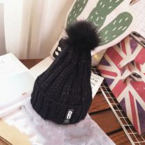 Fashion Black Acrylic Knitted Label Wool Ball Beanie