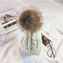 Fashion White Hat With Fur Ball Acrylic Knitted Wool Ball Beanie