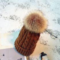 Fashion Caramel Colored Hat With Fur Ball Acrylic Knitted Wool Ball Beanie