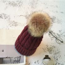 Fashion Burgundy Hat With Fur Ball Acrylic Knitted Wool Ball Beanie