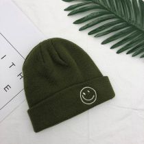 Fashion Armygreen Smiley Face Embroidered Knitted Beanie