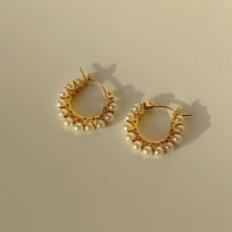 Fashion Gold Titanium Steel Inlaid Pearl Round Earrings