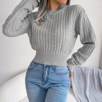 Fashion Grey Polyester Knitted Long-sleeved Midriff-baring Sweater