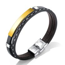 Fashion Gold Titanium Steel Leather Braided Double Layer Bracelet