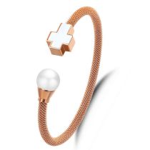 Fashion Rose Gold Stainless Steel Pearl Cross Cable Bracelet