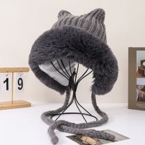 Fashion Grey Acrylic Plush Patchwork Knitted Cat Ear Hood