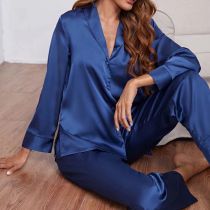 Fashion Navy Blue Polyester Lapel Long Sleeve Pajama Set