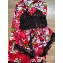 Fashion Red Flower Spandex Printed Lace Three-piece Pajamas Set