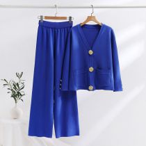 Fashion Blue Acrylic Knitted Large Gold Button Sweater Cardigan Wide Leg Pants Suit