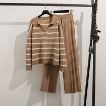 Fashion Camel Contrast Striped Sweater High-waisted Wide-leg Pants Suit