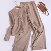 Fashion Khaki Acrylic Knitted Long-sleeved Cardigan Wide-leg Trousers Suit