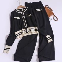 Fashion Black Acrylic Knitted Long-sleeved Cardigan Wide-leg Trousers Suit