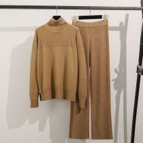 Fashion Camel Acrylic Knitted Pullover Turtleneck Sweater Wide Leg Pants Suit