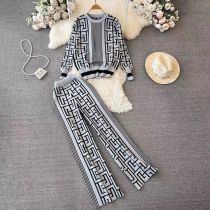 Fashion Grey Acrylic Knitted Crew Neck Jacquard Sweater Wide Leg Pants Suit