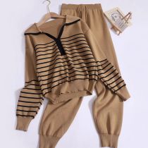 Fashion Khaki Acrylic Knitted Striped Lapel Sweater And Legged Trousers Set