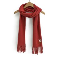 Fashion Maroon Santa Claus Embroidery Christmas Embroidered Cashmere Fringed Scarf
