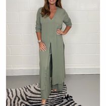 Fashion Green Polyester V-neck Slit Top Wide-leg Trousers Suit