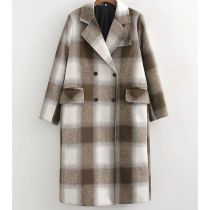 Fashion Green Grid Polyester Checked Lapel Double-breasted Coat