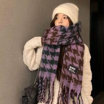 Fashion Purple Cotton Polyester Houndstooth Fringed Scarf