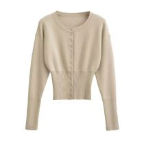 Fashion Apricot Polyester Concealed Button Round Neck Sweater Cardigan