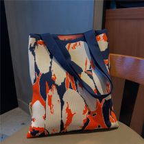 Fashion 16art Navy Blue Orange Knitted Printed Large Capacity Shoulder Bag
