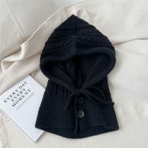 Fashion 1k Black Wool Knitted Button-down Hood With Scarf