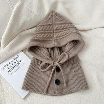 Fashion 2k Coffee Color Wool Knitted Button-down Hood With Scarf
