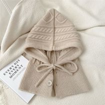 Fashion 4k Beige Wool Knitted Button-down Hood With Scarf