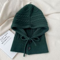 Fashion 6k Green Wool Knitted Button-down Hood With Scarf