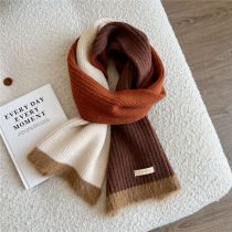 Fashion Brown Wool Knitted Color Block Scarf