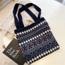 Fashion 1retro Geometric Navy Knitted Printed Large Capacity Shoulder Bag