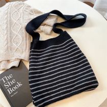 Fashion 4 Pinstripes Black Striped Knitted Large Capacity Shoulder Bag
