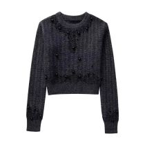 Fashion Dark Gray Polyester Beaded Knit Crew Neck Sweater